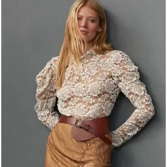 dolan Tops - ANTHROPOLOGIE DOLAN Sheer Ivory Lace Puff Sleeve Mock Neck Blouse Top Size M NEW